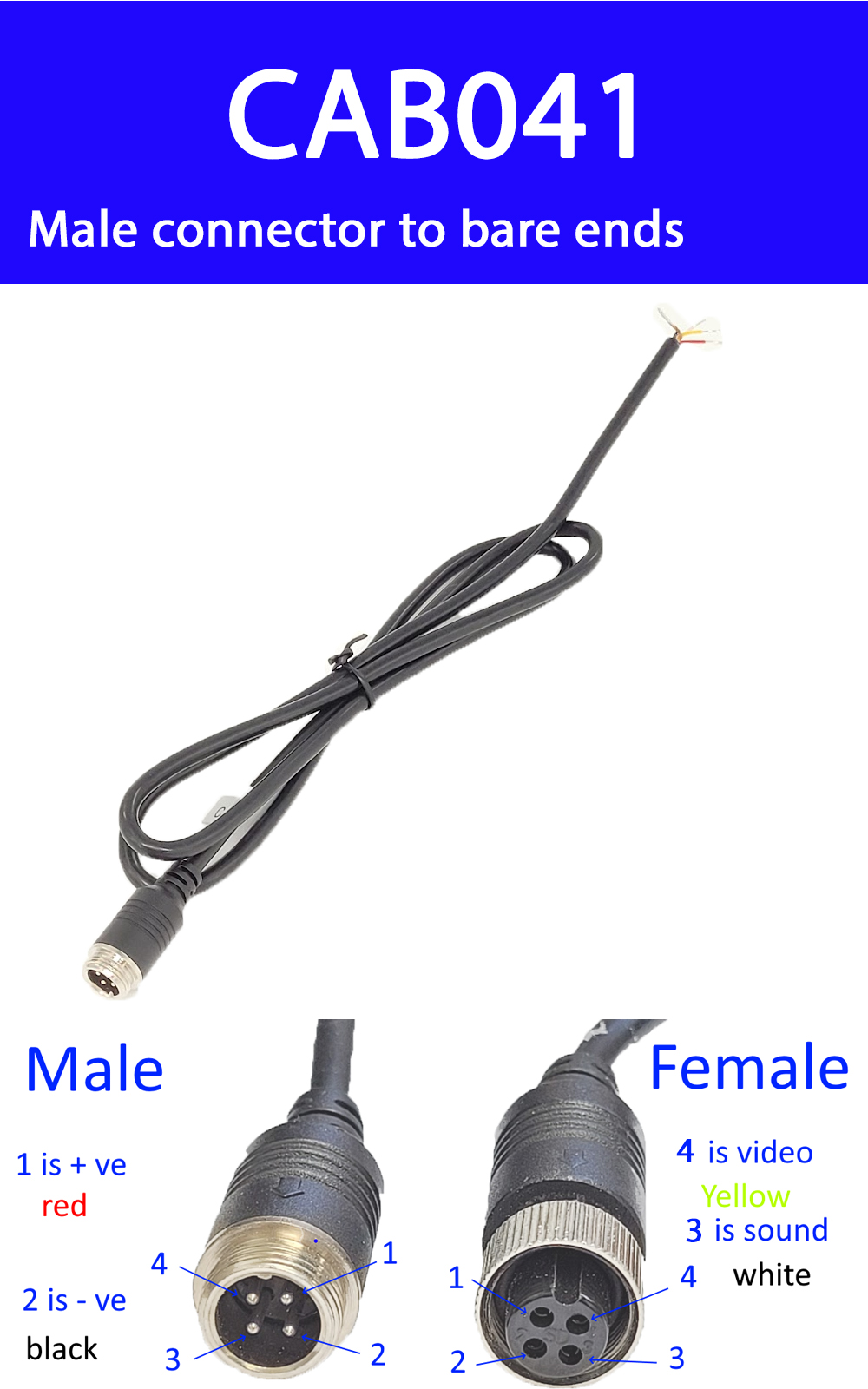 Male 4 pin aviation connector to bare terminals - Reversing Cameras UK