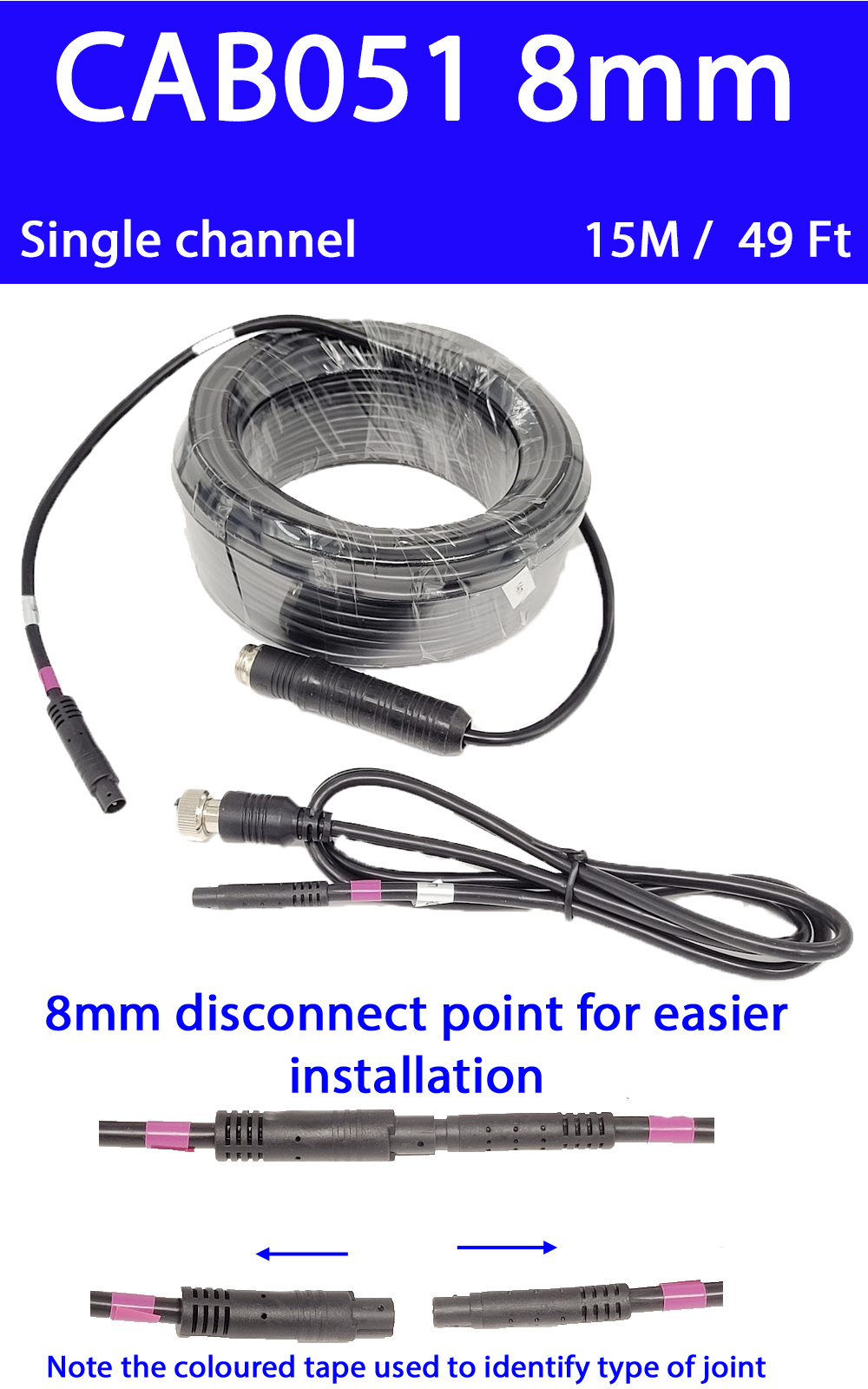 15m 4 pin reversing camera extension cable witn 8mm link