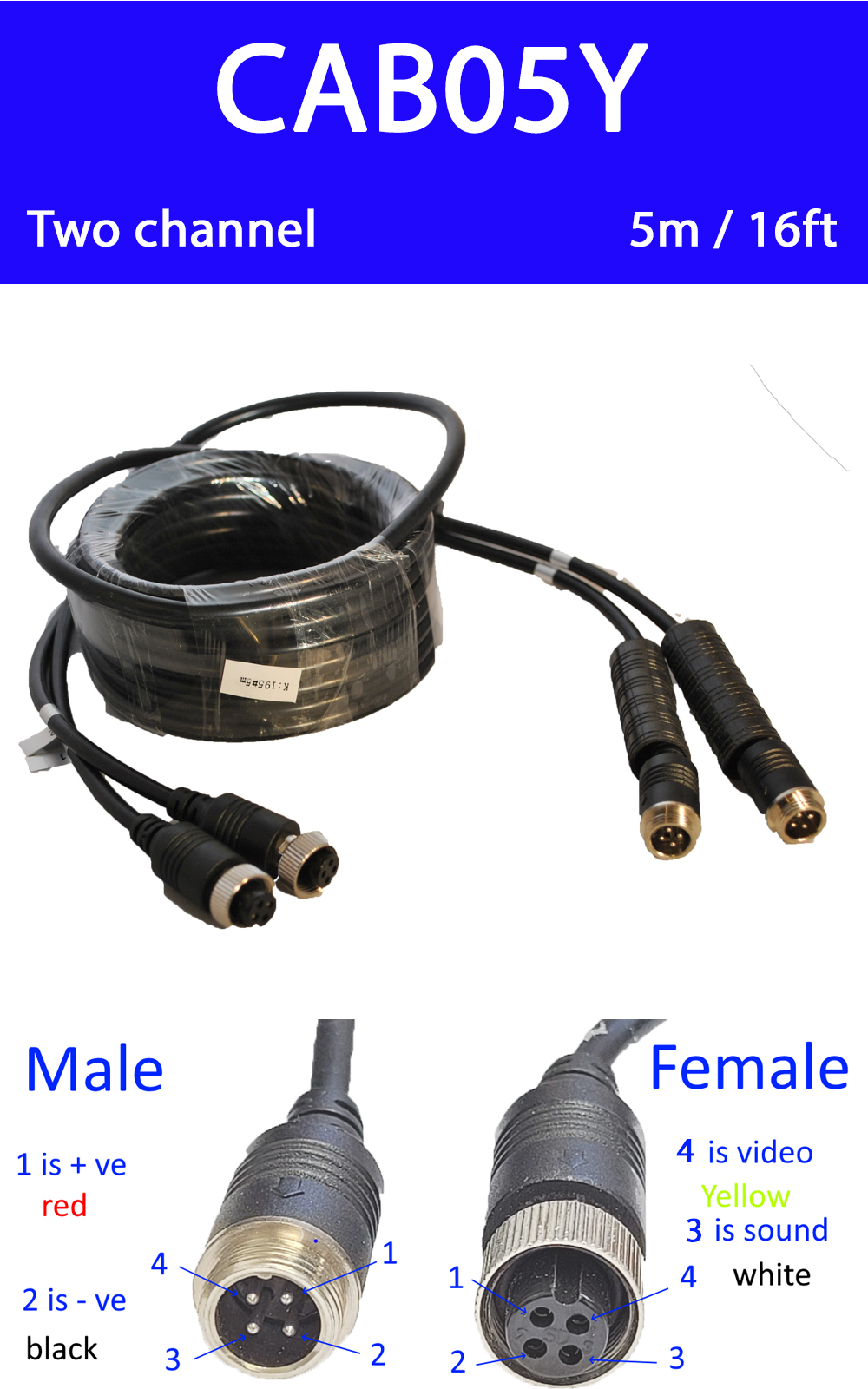 5m 4 pin reversing camera Y extension cable