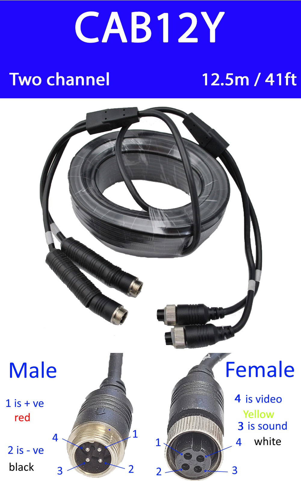 12.5m 4  pin Y extension cable for reversing camera