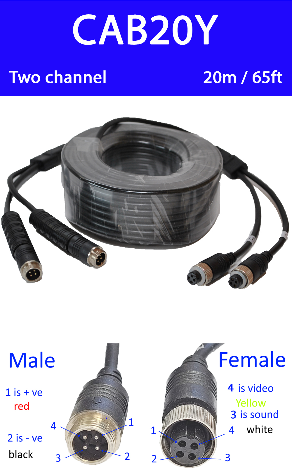 20m 4 pin Y extension cable for reversing camera