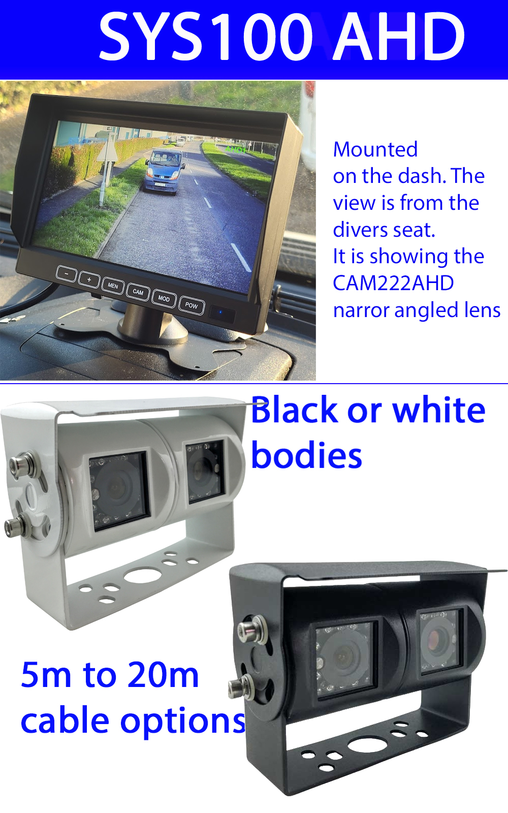 Dash mount AHD monitor and twin lens AHD reversing camera