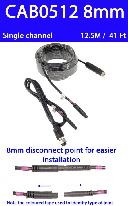 12.5m 4 pin reversing camera extension cable with 8mm disconnect